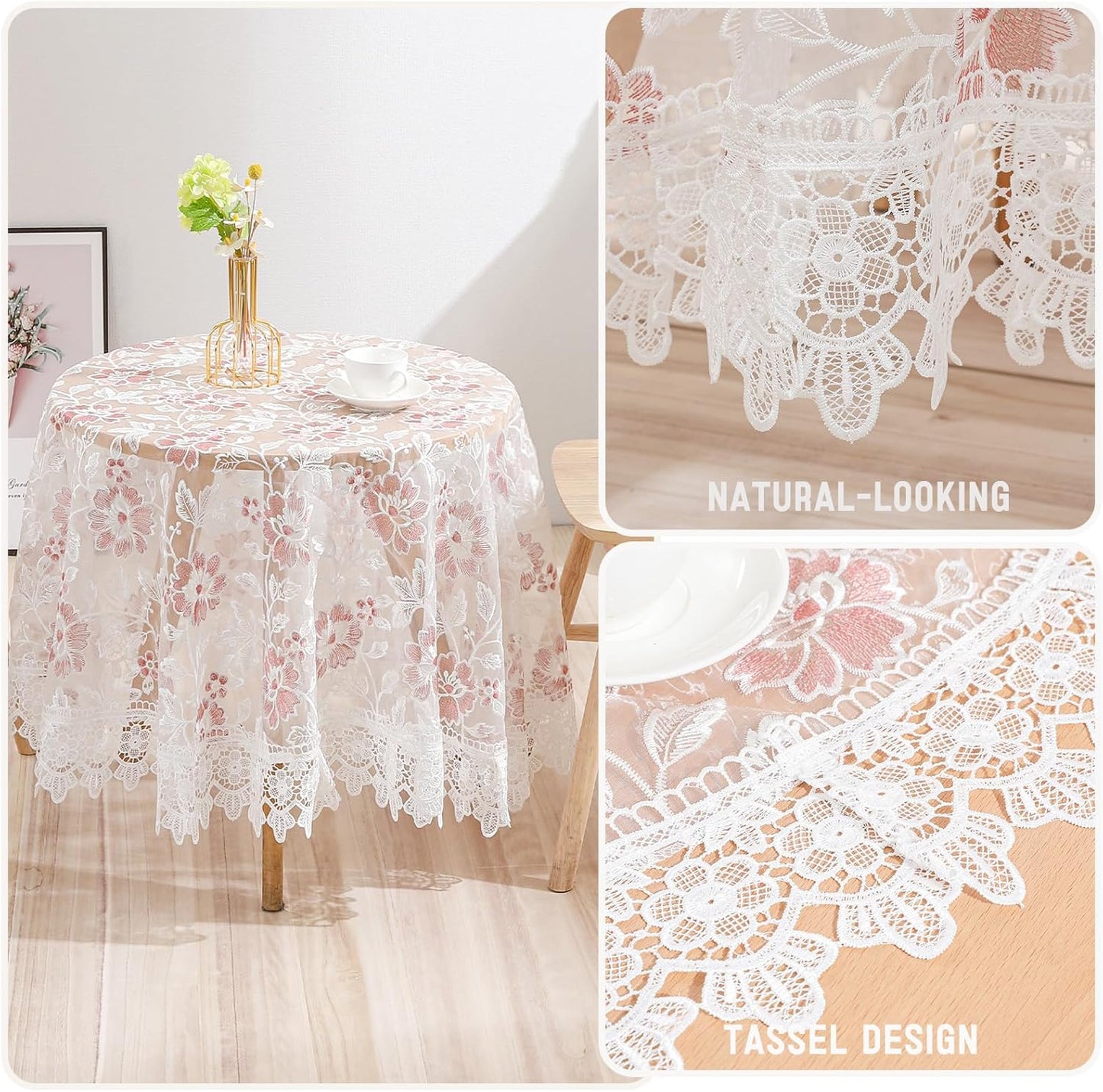 White Lace Tablecloth Round Embroidered Lace Tablecloth Vintage Decorative Exquisite Border Table Cover for Party Wedding Home Decorations, Round-48, White