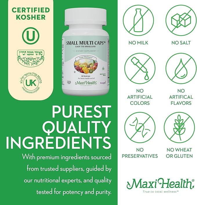 Maxi Health Multivitamin – Easy to Swallow Multi Vitamin Capsules with 30 Nutrients, Iron & Probiotics – Kosher Daily Multivitamins Small Capsules for Wellness Support & Digestive Ease (60 Units)