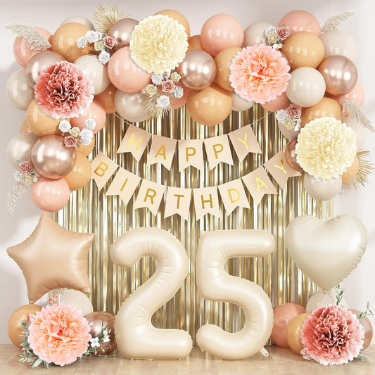 Beige 25th Birthday Decorations for Her Cream Number 25 Balloon Nude Gold Happy Birthday Banner Fringe Curtain Paper Pom Poms Blush White Sand Champagne Star Foil Balloons Neutral Boho Party Decor