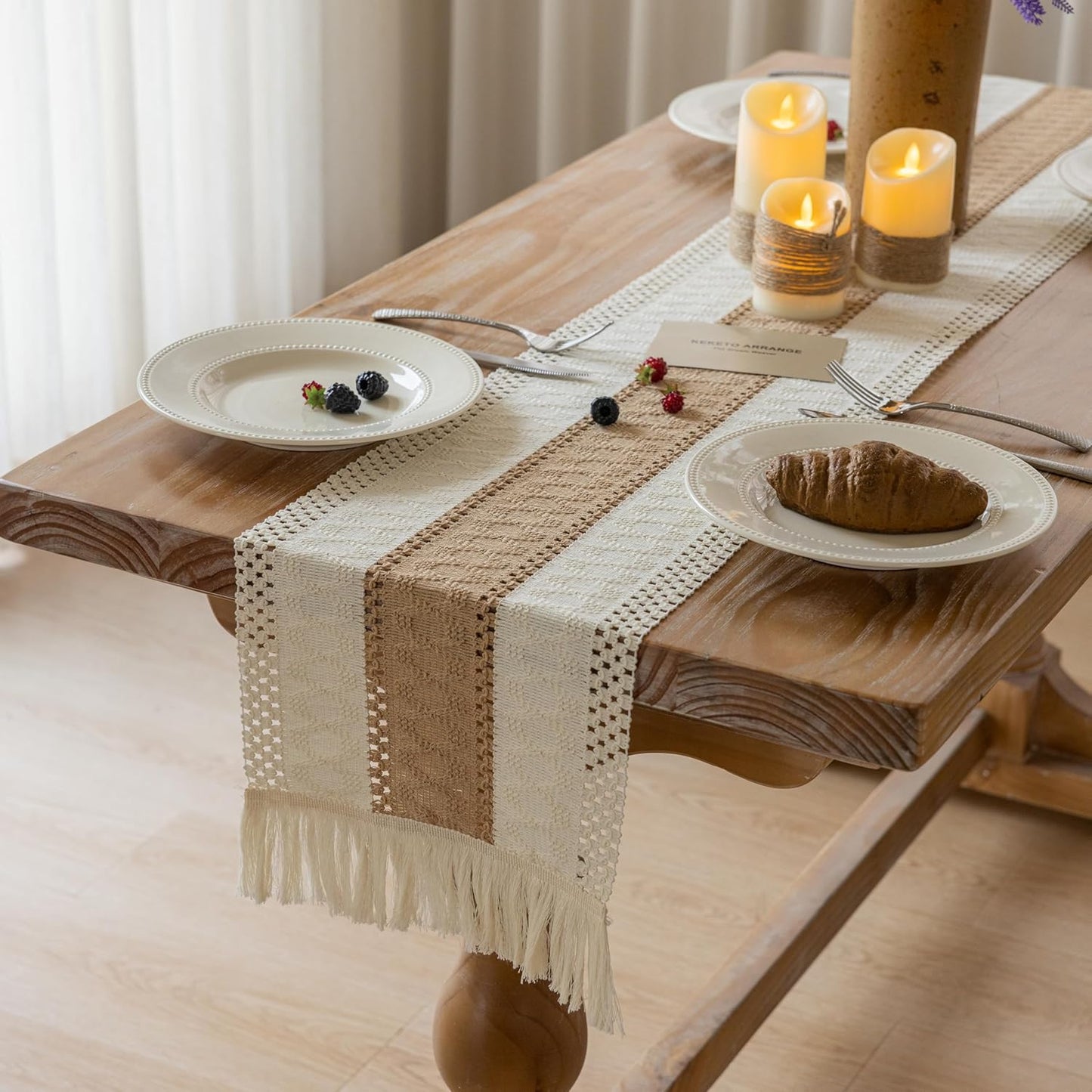 Boho Table Runner Cream Beige Brown for Home Decor 12x90 Inches Farmhouse Macrame Burlap Jute Rustic Dining Kitchen Centerpiece Bohemian Decor French Country Bridal Shower Decorations