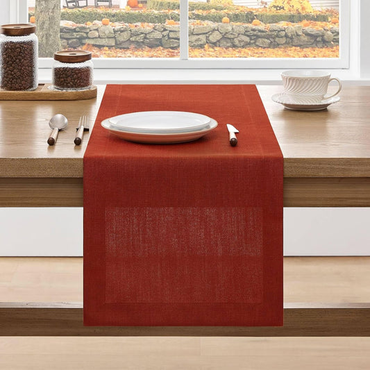ZeeMart Linen Textured Border Table Runner, 14 x 48 Inch Orange, Farmhouse Style Burnt Orange Fall Table Runners 48 Inches Long, Easy Care Everyday Polyester Table Runner