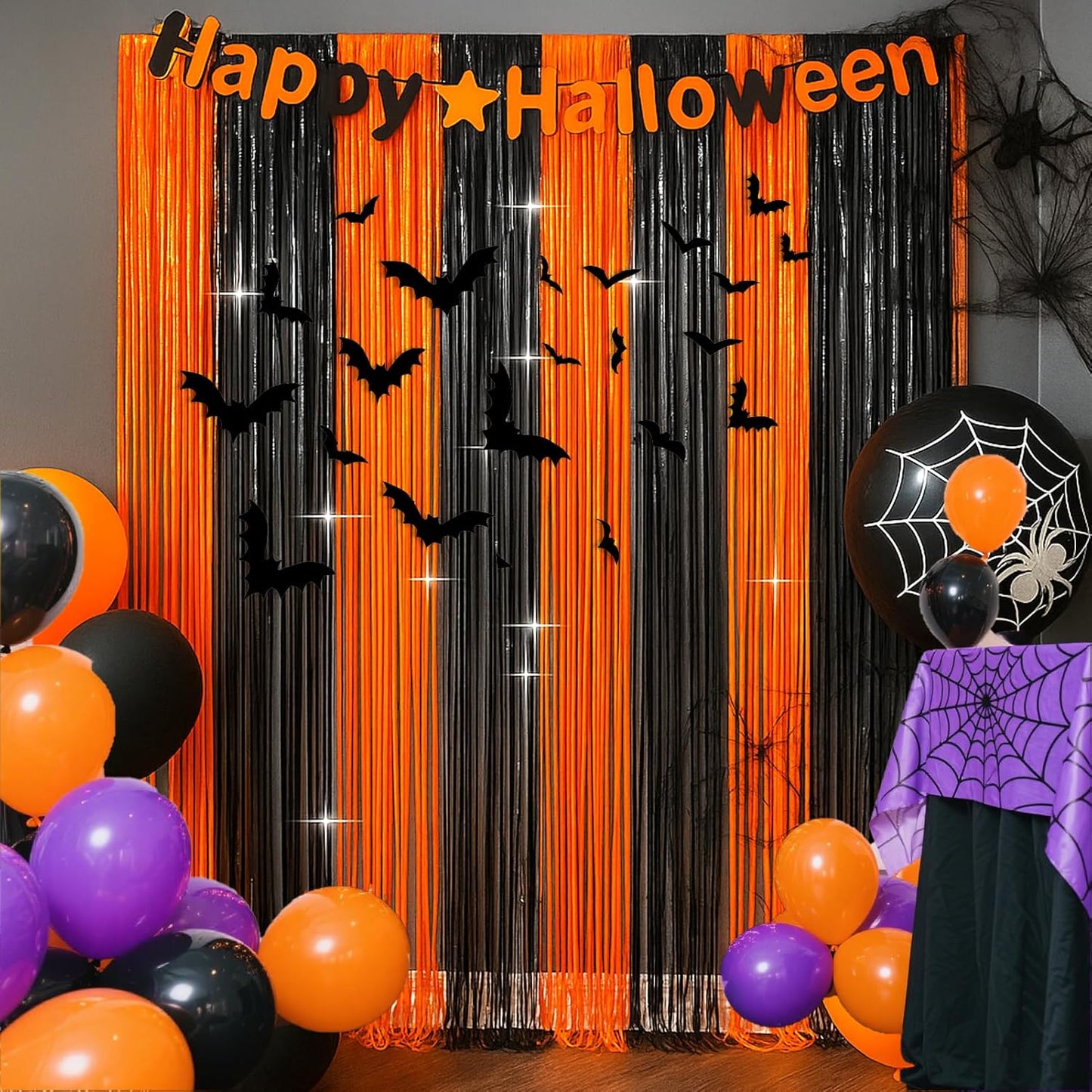 4 Packs Halloween Foil Fringe Curtain, Orange and Black Metallic Tinsel Backdrop for Birthday, Baby Shower, Bachelorette, Halloween Party Decorations Favors Supplies Indoor Outdoor