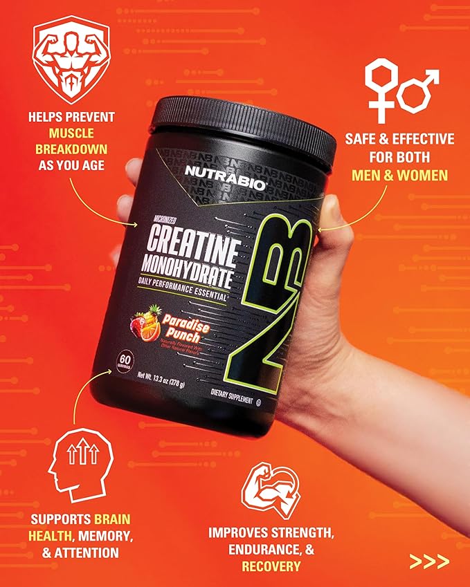 NutraBio Pure Micronized Creatine Monohydrate Powder Supplement,Paradise Punch Burst,(300g)-Supports Bulk Muscle Energy, Recovery, and Strength-HPLC Tested Creatine Powder Supplement for Men and Women