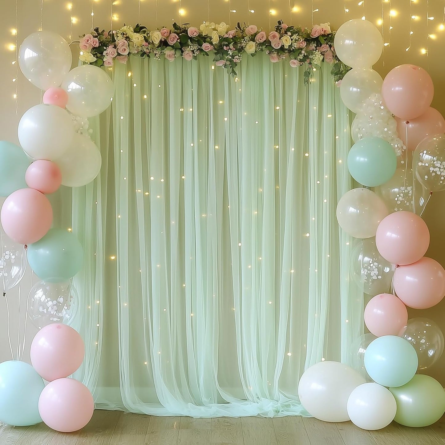 Tulle Backdrop Curtain with Lights String 10FT X 8FT Sage Green Sheer Tulle Backdrop Curtains for Wedding Birthday Party Reception Photo Booth Background Decorations (2 Panels 5x8FT)