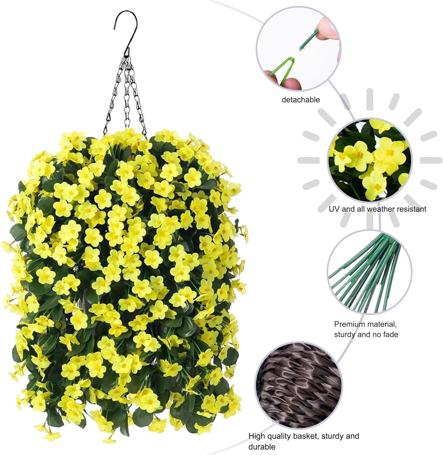 HyeFlora Artificial Fake Hanging Outdoor Flowers Plants Basket, Faux Silk Yellow Orchid Flowers UV Resistant Realistic Hanging Planter for Outside Porch Patio Home Garden Yard Decoration