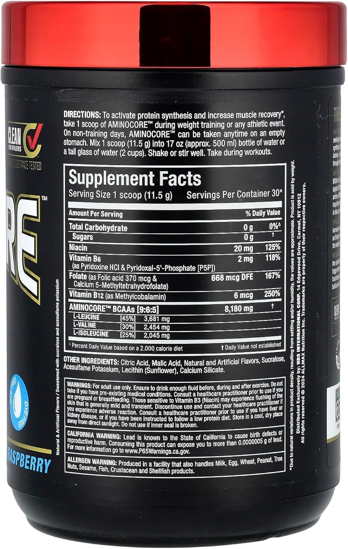 ALLMAX Nutrition AMINOCORE BCAA – 8G BCAAs – 100% Pure Branch Chained Amino Acids – Gluten Free - Blue Raspberry - 315 Gram