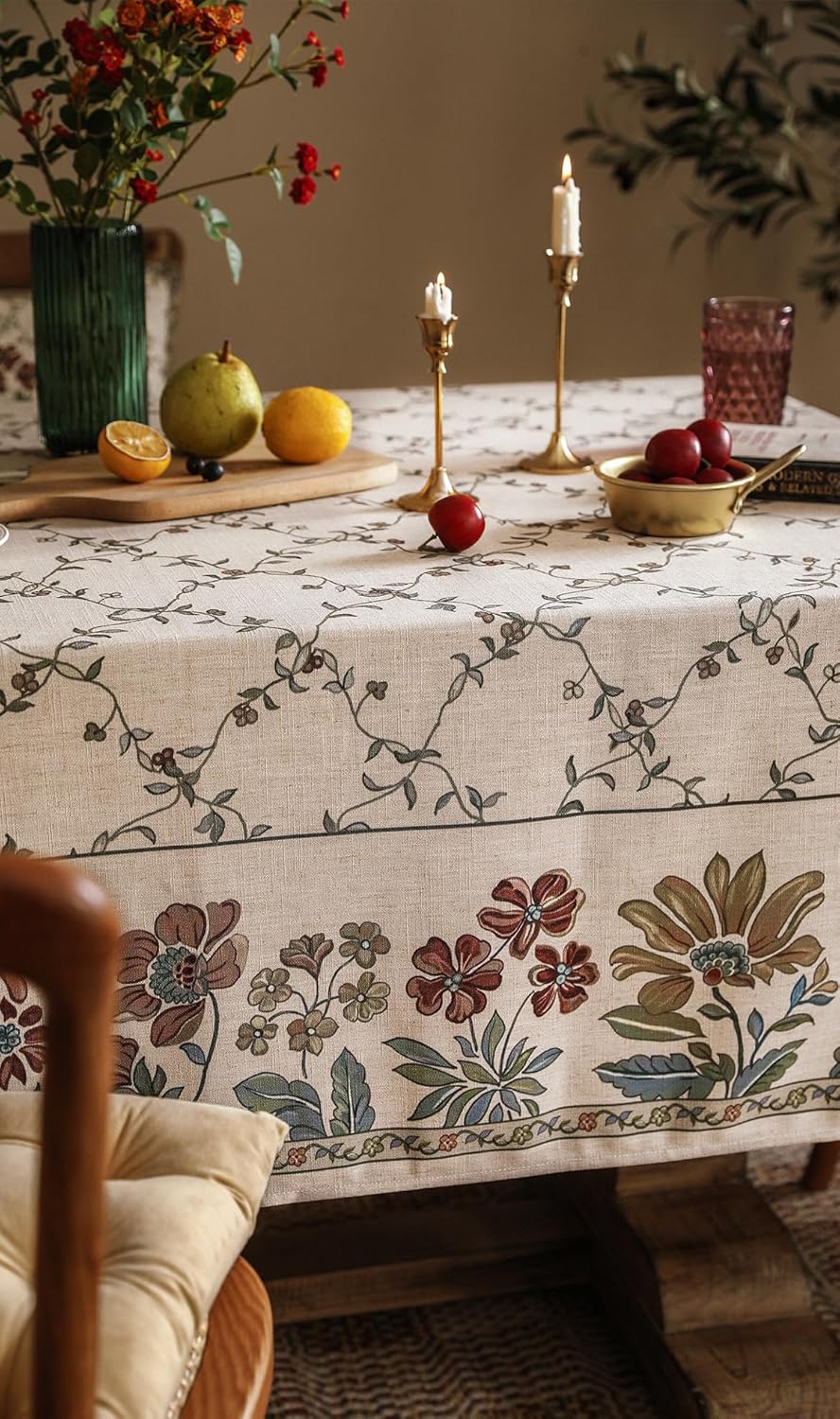 patdrea Designer Linen French Tablecloth for Rectangle Table,Fall Country Breathable Floral Extra Long Tablecloths,Table Cover for Kitchen Dining,Christmas,Thanksgiving,67"x118"-Oliveirad