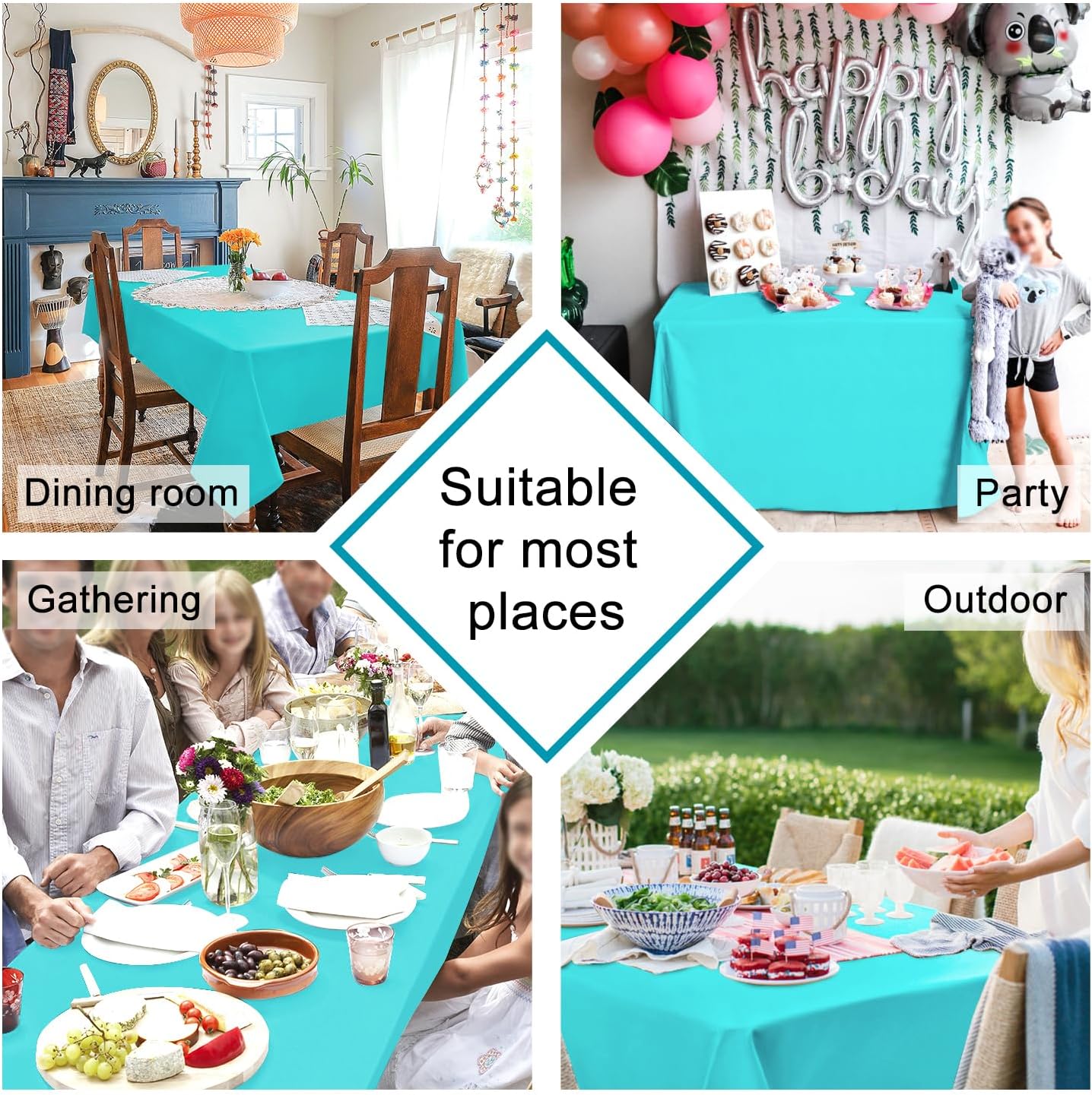 Hiasan Solid Rectangle Tablecloth Aqua - Waterproof Washable Oblong Fabric Table Cloth for Dining Room Kitchen and Outdoor Use, 60 x 140 Inch