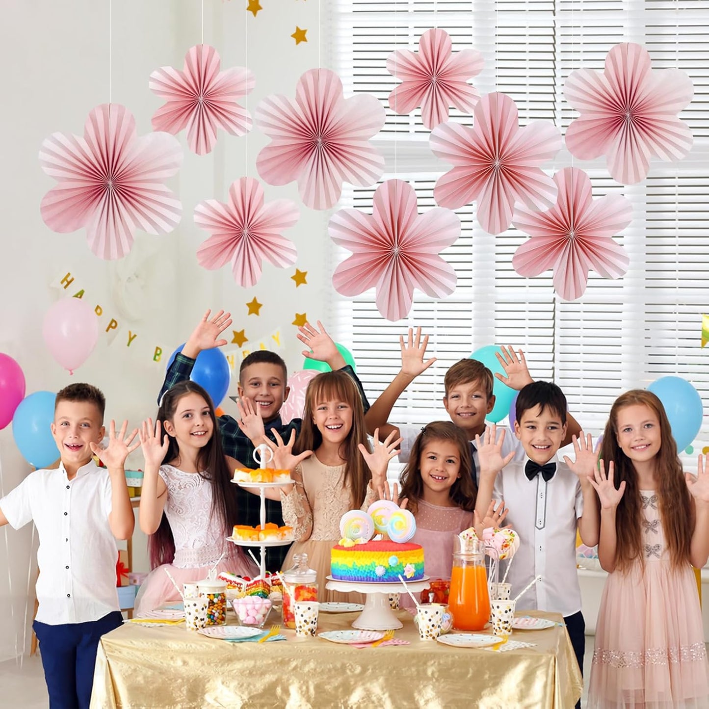 SUNBEAUTY 9 PCS Pink and Cherry Blossom Party Decorations Pink Paper Fans Decor Sunset Party Floral Backdrop Decoration Hanging Paper Flowers for Wall Birthday Wedding Baby Shower Supplies