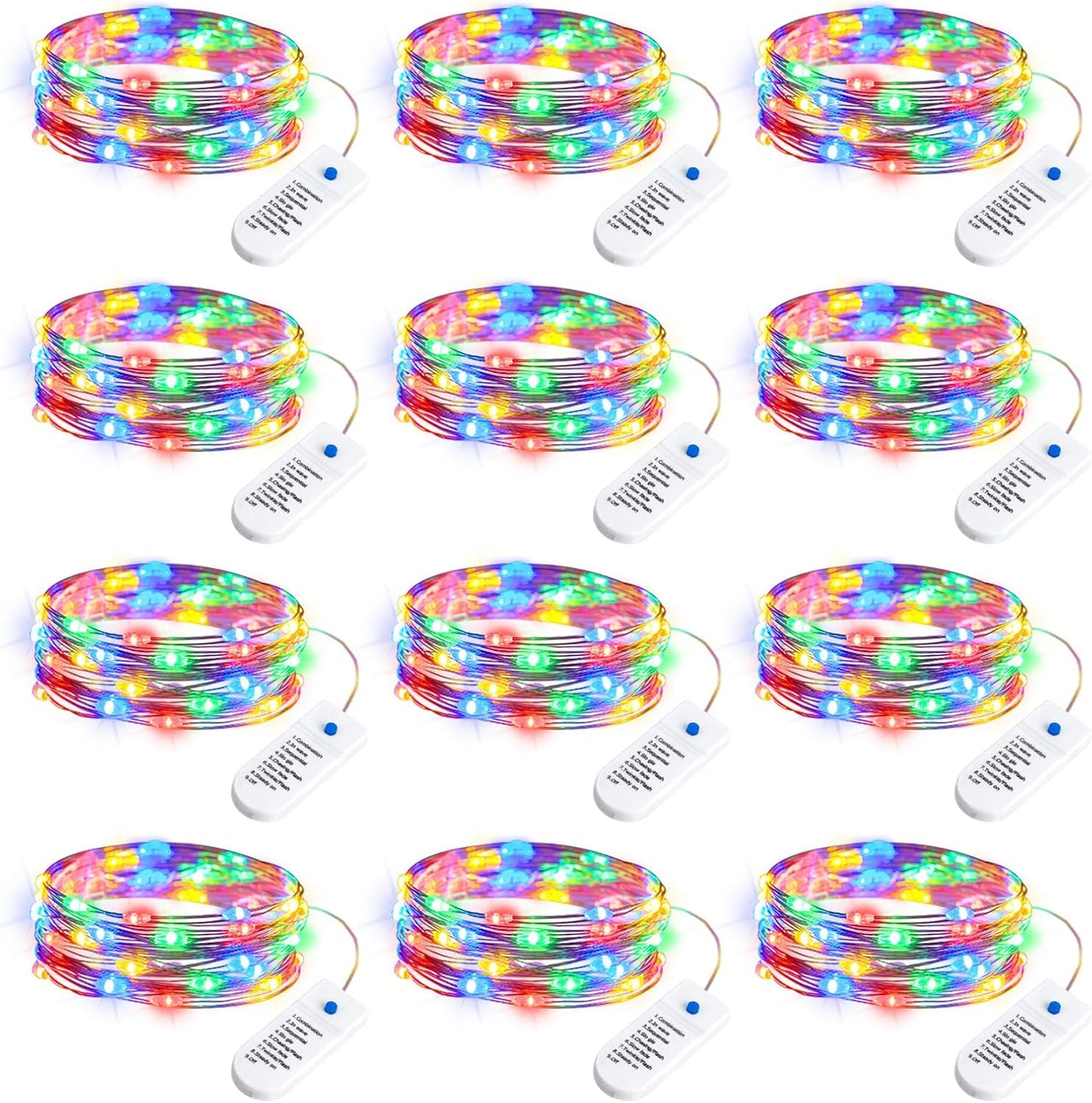 Minetom 12 Pack Fairy Lights Battery Operated String Lights, 8 Modes & Timer, 7ft 20LED Multicolor Waterproof Silver Wire Twinkle Lights, Firefly Starry Moon Lights for Mason DIY Christmas Wedding