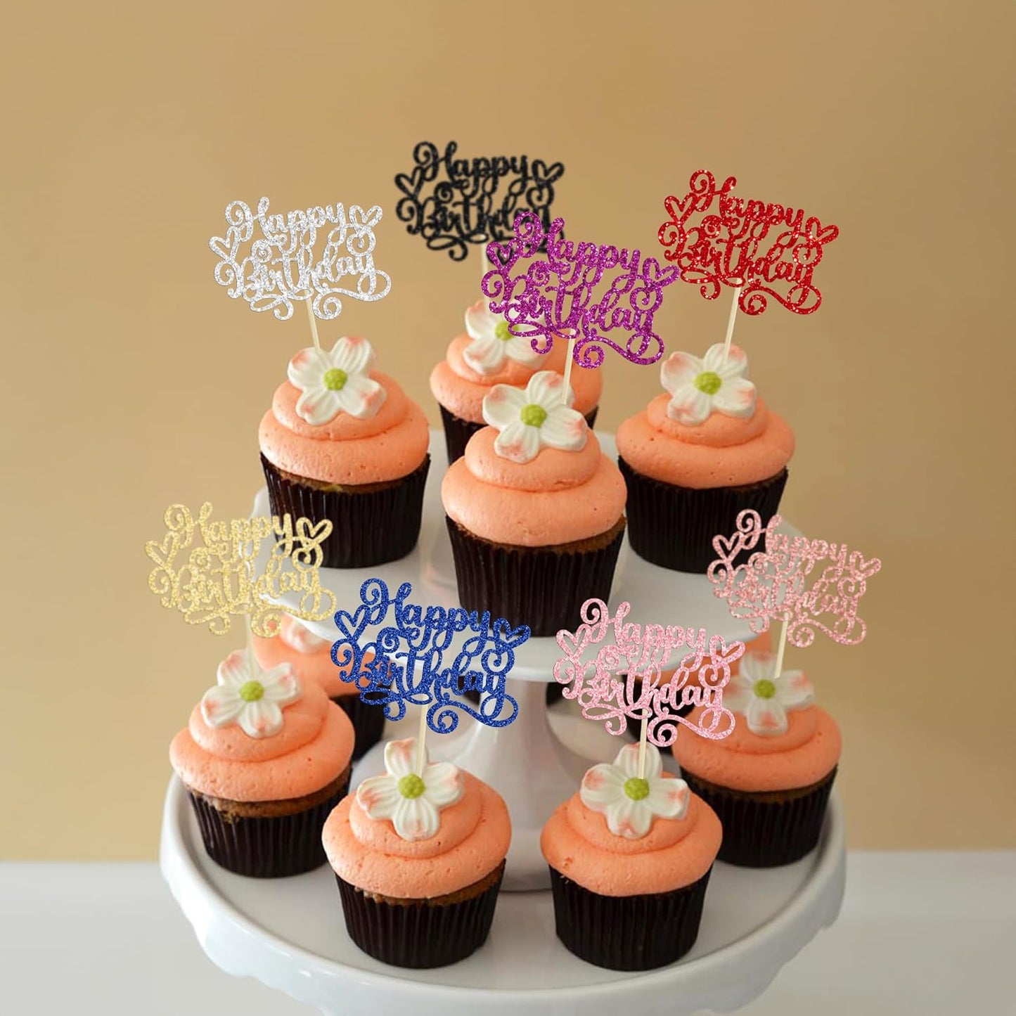 Gyufise 24Pcs Happy Birthday Cupcake Toppers Glitter Happy Birthday Cupcake Picks for Celebrating Happy Birthday Party Decor Anniversary Theme Party Cake Decorations Supplies Multicolor