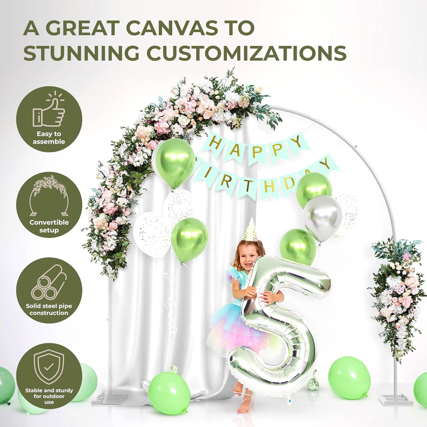 VERDEVISTA Convertible 6.5 FT Round Backdrop Stand - Heavy Duty Balloon Arch Stand with 2 Waterbags - Multiuse Photo Backdrop Arch, White Circle Ring Balloon Arch Frame for Wedding Baby Shower & More