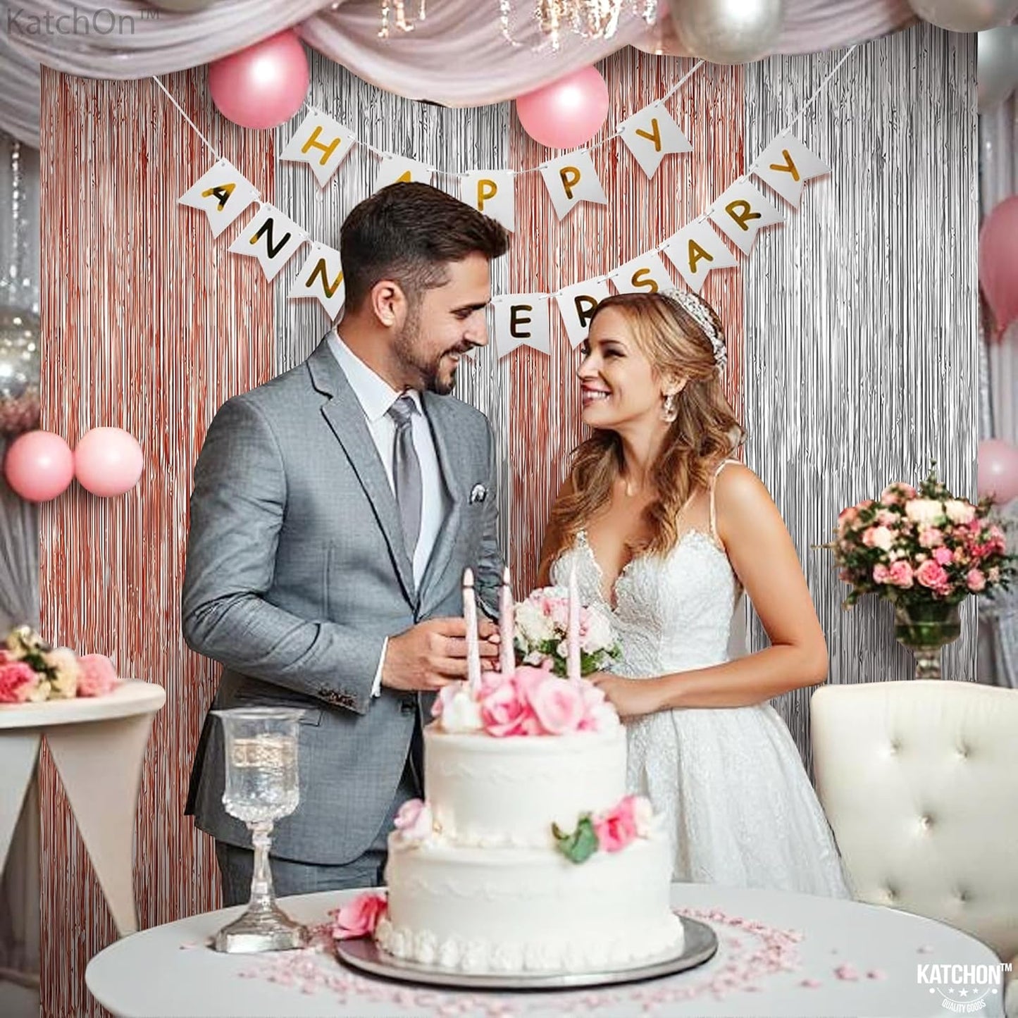 KatchOn, Large Silver and Rose Gold Fringe Backdrop, Pack of 2 | Silver & Rose Gold Streamers for Rosegold Birthday, Unicorn Party Decorations | Backdrop for Bachelorette, Bride Party Decoration