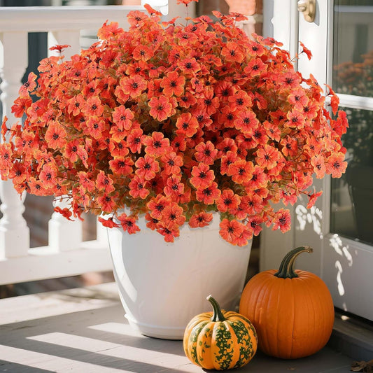 Hananona 18 Pcs Artificial Mum Flowers for Outdoors, Faux Fall Mums Silk Flower for Outside, Fake Orange Flowers for Fall Patio Front Door Planter Autumn Halloween Home Decorations (18, Orange)