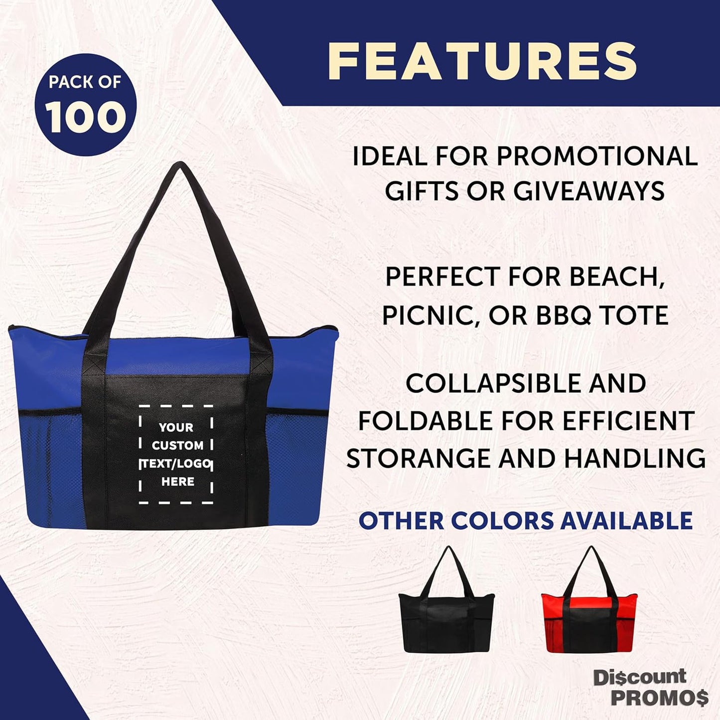 DISCOUNT PROMOS 100 Zippered Non-Woven Tote Bags Set - Customizable Text, Logo - Mesh Pocket, Zippered, Recyclable, Reusable - Blue - 19"X14"X3", with Zipper