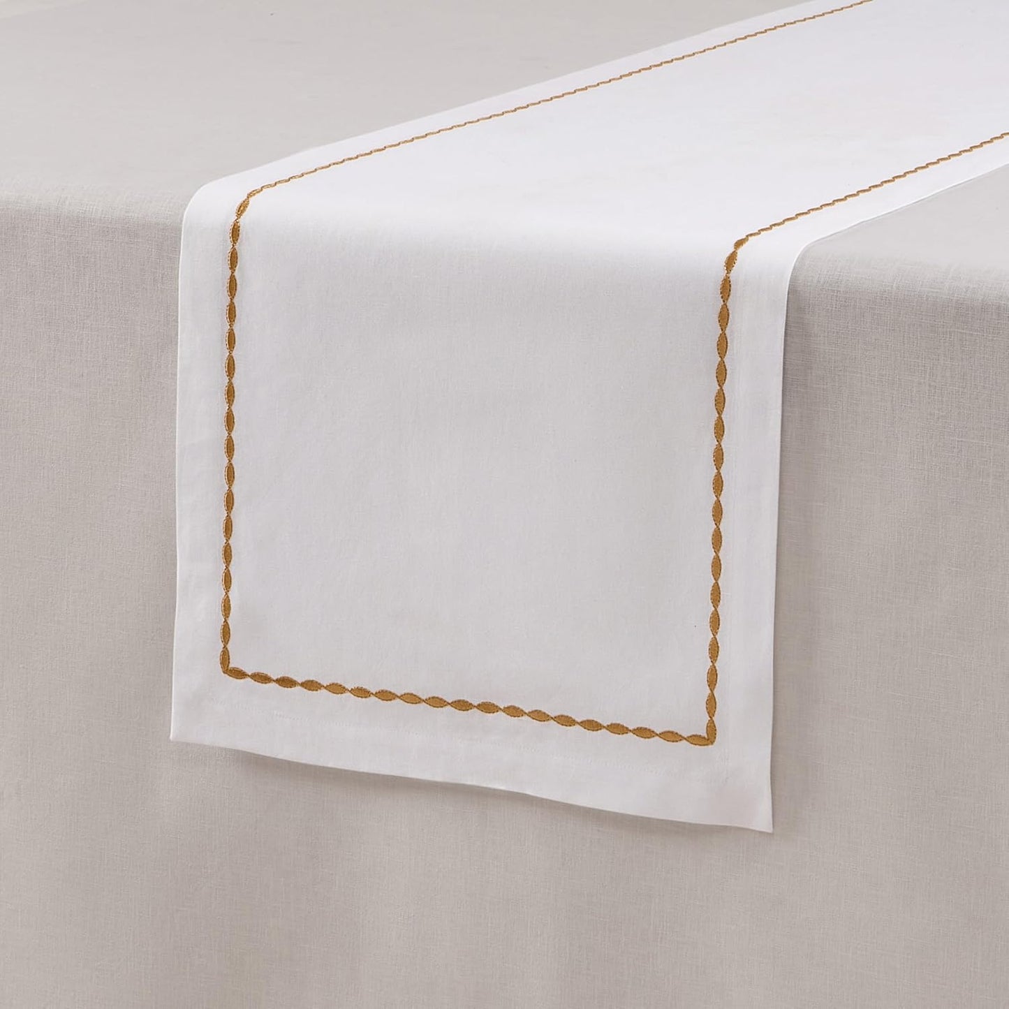 Cotton Linen Table Runner 90 Inches Long – Motif Embroidery White Dining Table Runner for Spring, Summer, Wedding Decoration, Gift – Machine Washable Fabric