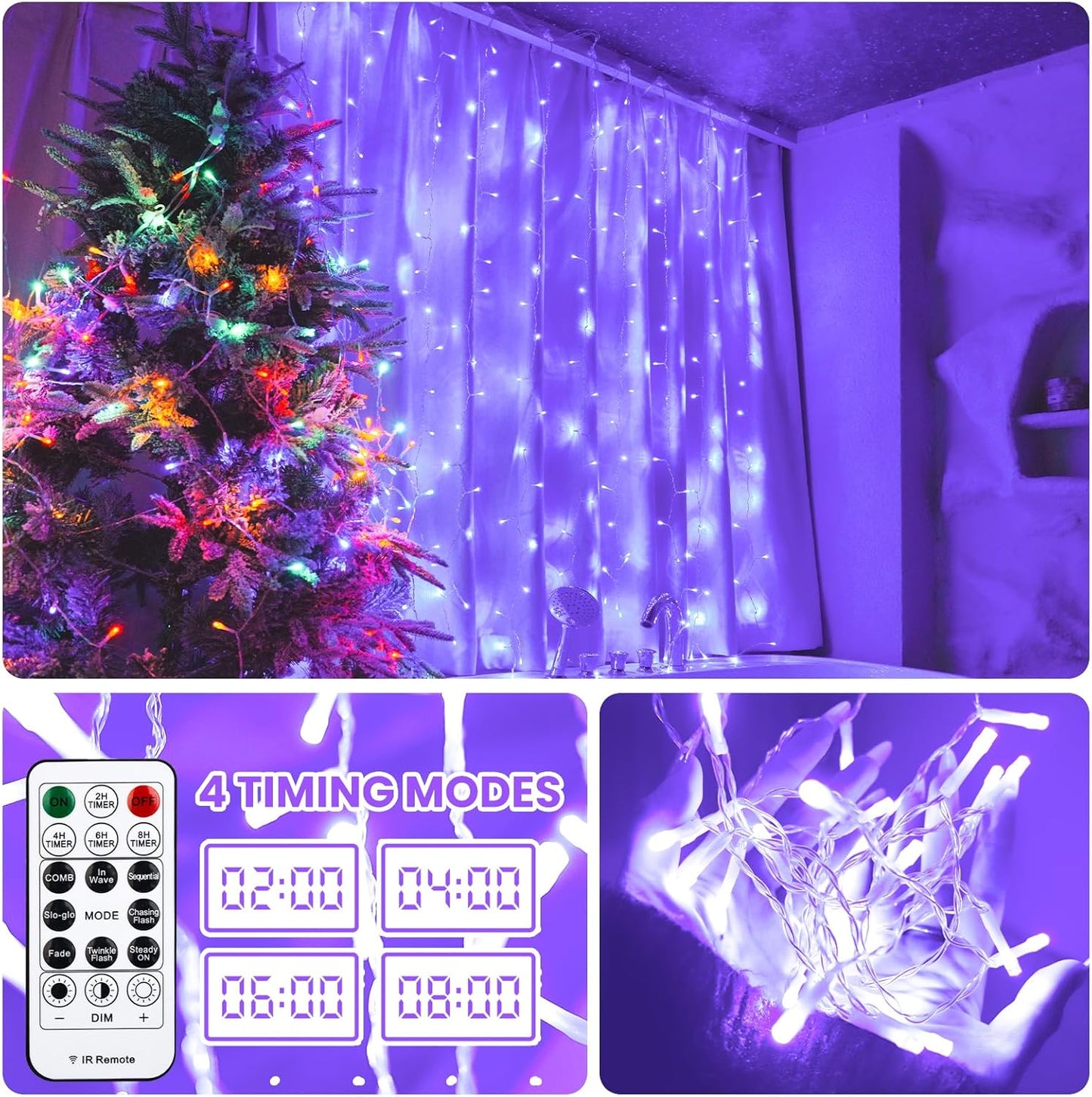 Curtain Light for Bedroom, 200LED 6.6x6.6ft Purple Window Wall Hanging Fairy Curtain String Light, 8 Modes Remote Fairy String Lights Indoor for Wedding Party Home Garden Decorations