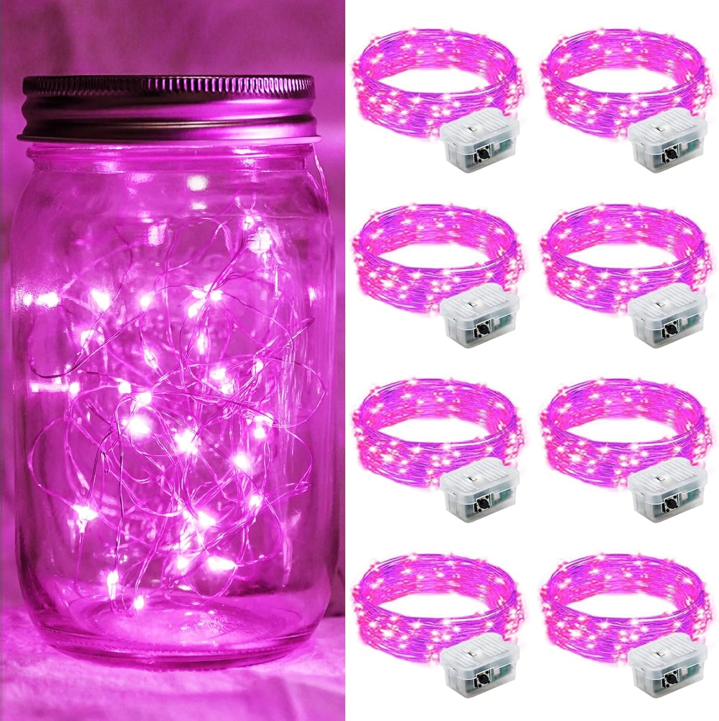 8 Pack Pink Fairy Lights 7Ft 20 LED Twinkle String Lights 3 Modes Battery Operated Waterproof Firefly Starry for Mason Jar Party Wedding Christmas Valentines Day Table Centerpieces