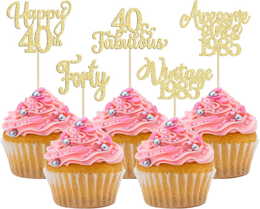 30Pcs Vintage 1985 Cupcake Toppers Glitter Forty Happy 40th Birthday 40 Fabulous Cupcake Picks Cheers to 40 Years for 40th Birthday Wedding Anniversary Party Cake Decorations Supplies Gold