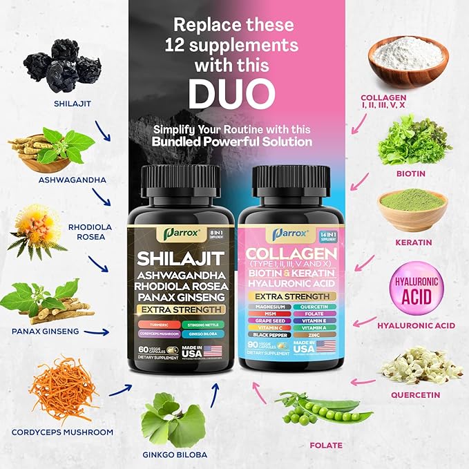 Adaptogen & Beauty Bundle – Rhodiola, Panax Ginseng, Ashwagandha, Cordyceps, Turmeric, Collagen, Biotin, Keratin, MSM, Hyaluronic Acid, Zinc, Quercetin, Vitamin C, A & E, Folate, Magnesium