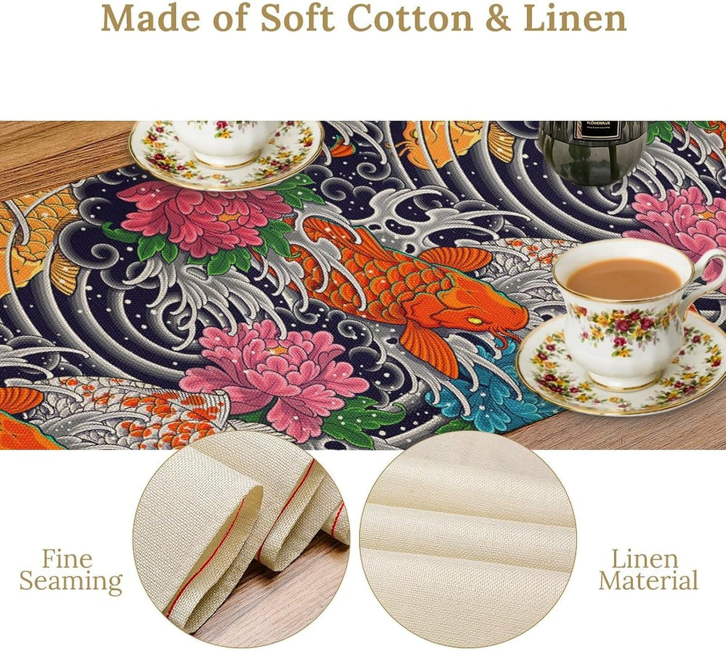 Japanese Retro Flowers Table Runner Oriental Tradition Kio Fish Art Printed Burlap Runner Home Kitchen Dining Table Living Room Decor Fabric 1 Panel W13xL108in
