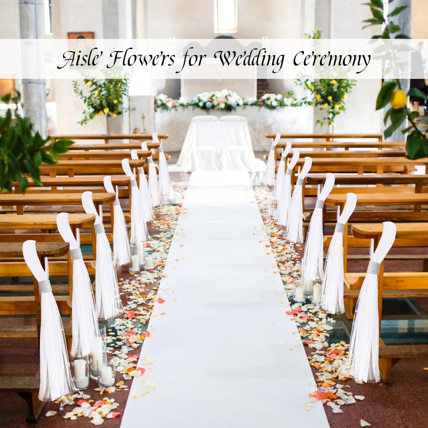 26 Sets Large White Pew Bows Tulle Wedding Aisle Chair Decorations, Extended Church Pew Decor Aisle Flowers Runner for Weddings Ceremony Outside Decorations(Silver)