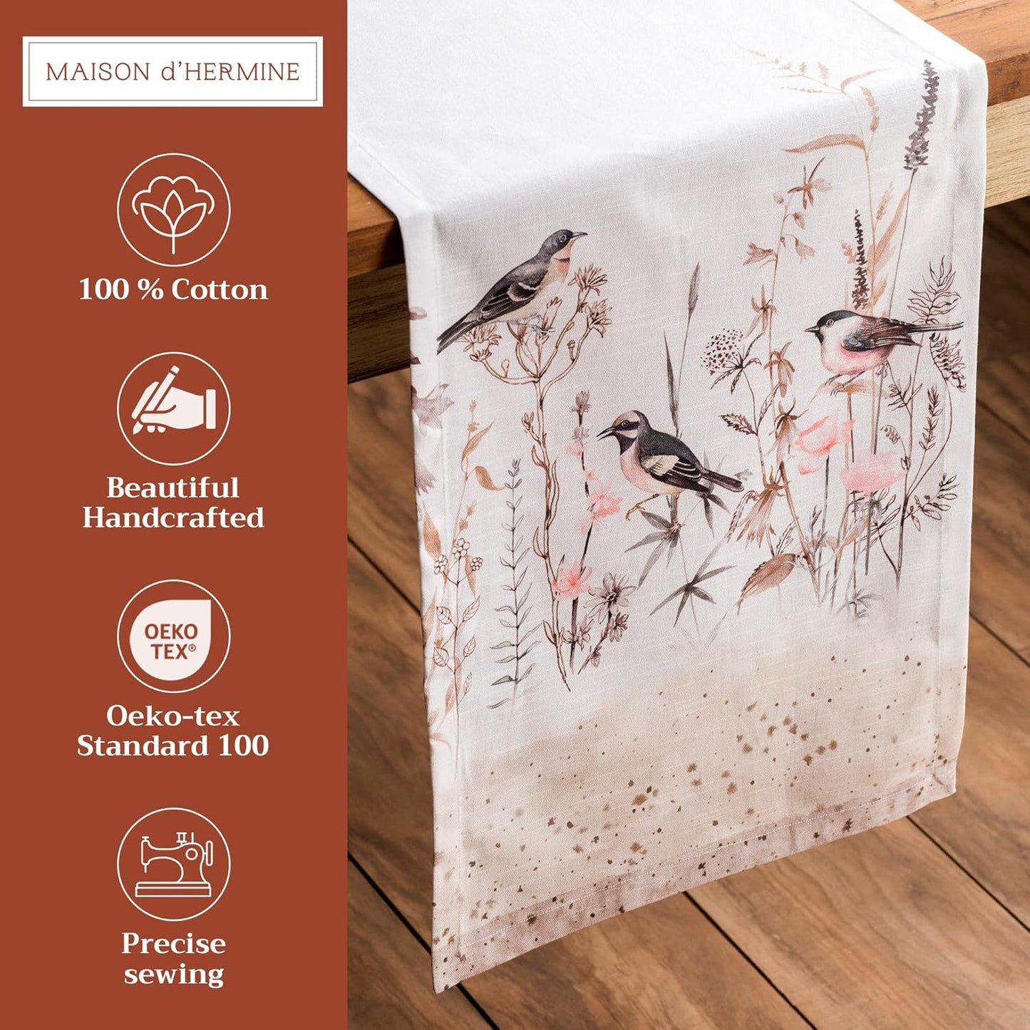 Maison d' Hermine Table Runner 100% Cotton Single Layer Table Runners 108 inches Long Decorative for Home Dining Party Wedding Bridal Shower Spring Summer (Meadow Florals - Brown, 14.50" x 108")