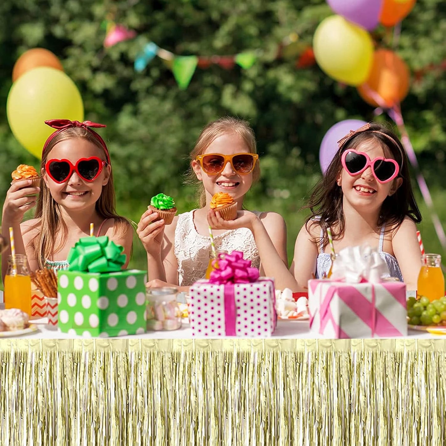 4 Pack 29x108 Inch Metallic Foil Fringe Tinsel Table Skirts for Rectangle Tables Streamer Backdrop for Wedding, Birthday, Parade Floats, Christmas, Halloween Party Decoration(Light Gold)