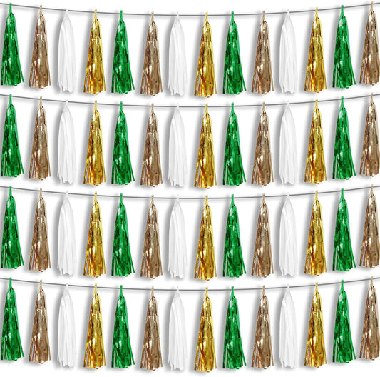 4P Sage-Green Beige-Mint Gold Foil Fringe Metallic Tassel Garland Banner, Tassels Banner Streamers for Parade Floats, Bachelorette, Wedding, Birthday, Christmas, Bridal/Baby Shower Party Decorations