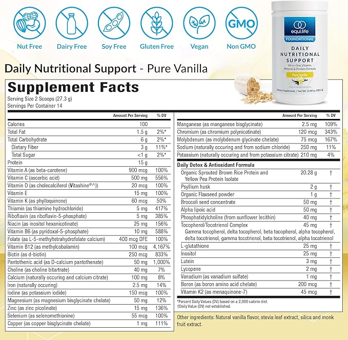 Equilife Daily Nutritional Support, All-in-One Multivitamin Meal Replacement, Pure Vanilla Flavor, 15G Plant Protein, Supports Overall Wellness Including Energy, Digestion, & Skin, 14 Servings Tub