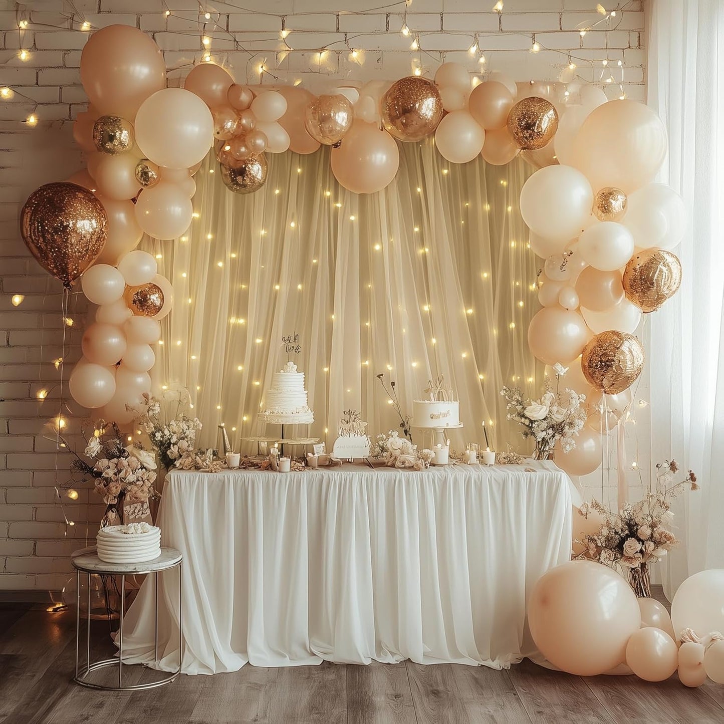 Tulle Backdrop Curtain with Lights String 10FT X 8FT Champagne Sheer Tulle Backdrop Curtains for Wedding Birthday Party Reception Photo Booth Background Decorations (2 Panels 5x8FT)