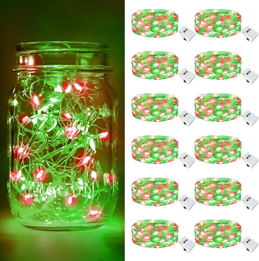 btfarm 12 Pack Fairy Lights Battery Operated [3 Modes], 7ft 20 Led Twinkle Lights String Lights Waterproof Bulk Small Mini Silver Wire for Christmas Mason Jars Wedding Table Centerpiece, Red Green