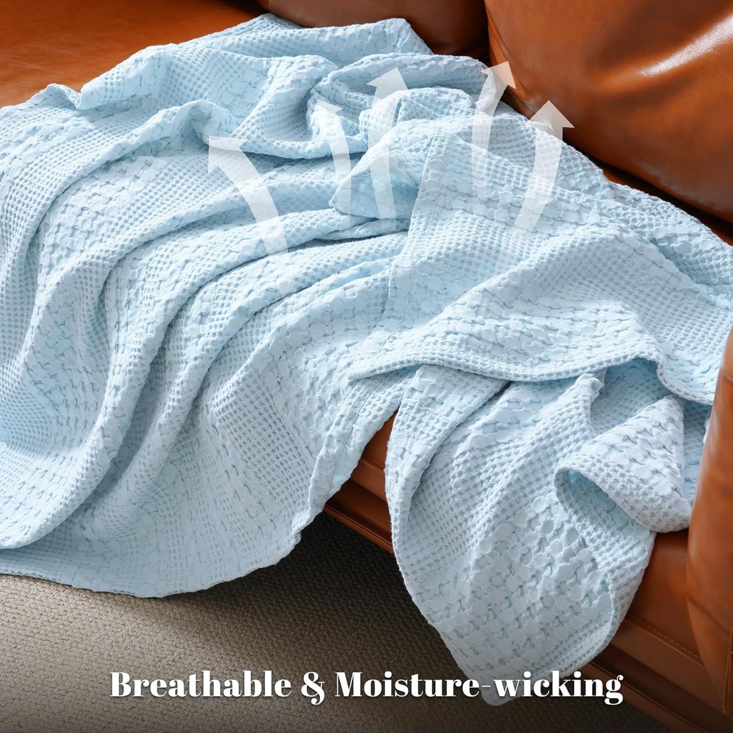 PHF 100% Cotton Waffle Weave Blanket Queen Size for Bed, Soft Lightweight & Breathable, All-Season Comfort, Luxury Aesthetic Woven Bedding for Home Decor, 90"x90", Baby Blue