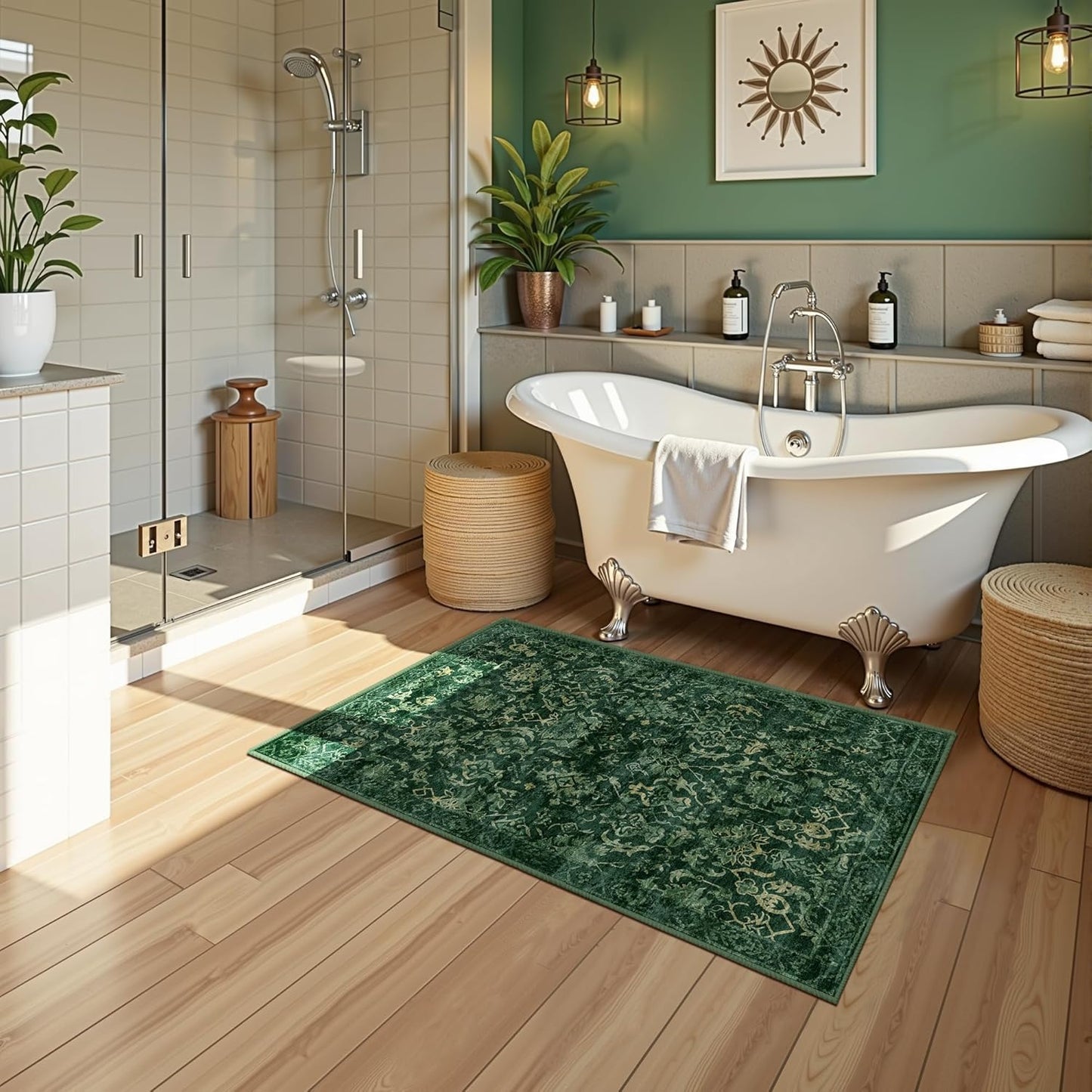 Dark Green Area Rug 2x3 Entryway Rug for Bedroom Bathroom, Non-Slip Low-Pile Washable Distressed Boho Carpet Retro Accent Doormat for Laundry Room Hallway Kitchen 24x36 Inch