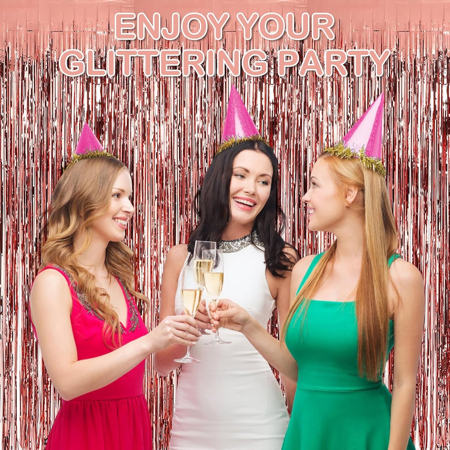 Rose Gold Fringe Curtain Party Streamers, 12 Pack 3.3ft x 8.2 ft Foil Curtain Backdrop Tinsel Foil Fringe Curtains Photo Booth Backdrop Streamer for Birthday, Wedding, Baby Shower, Disco Party