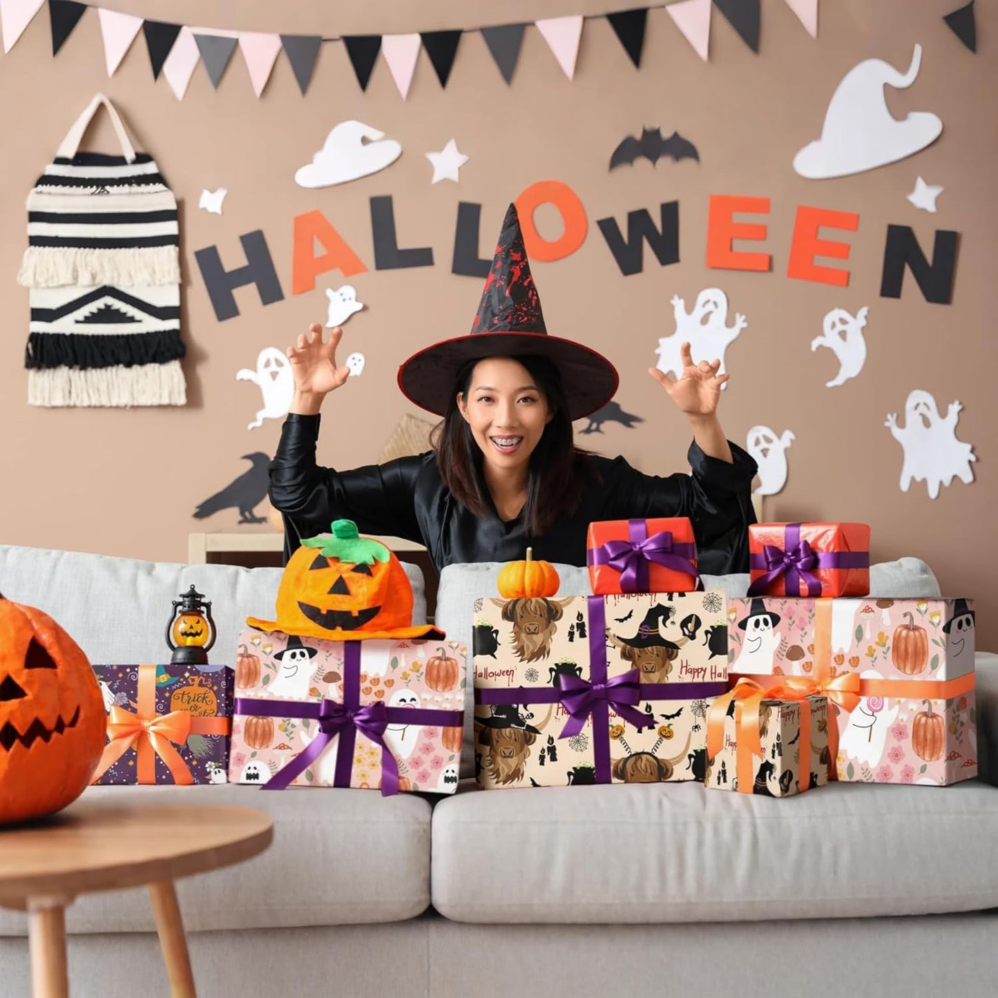 LeZakaa Purple Halloween Wrapping Paper Roll, Cute Trick-or-Treat Ghosts Pumpkins Witch Hats Gift Wrap for Kids Teens Adults, Halloween Decor, Party Favors, Mini Roll 17 in x 16.4 Ft