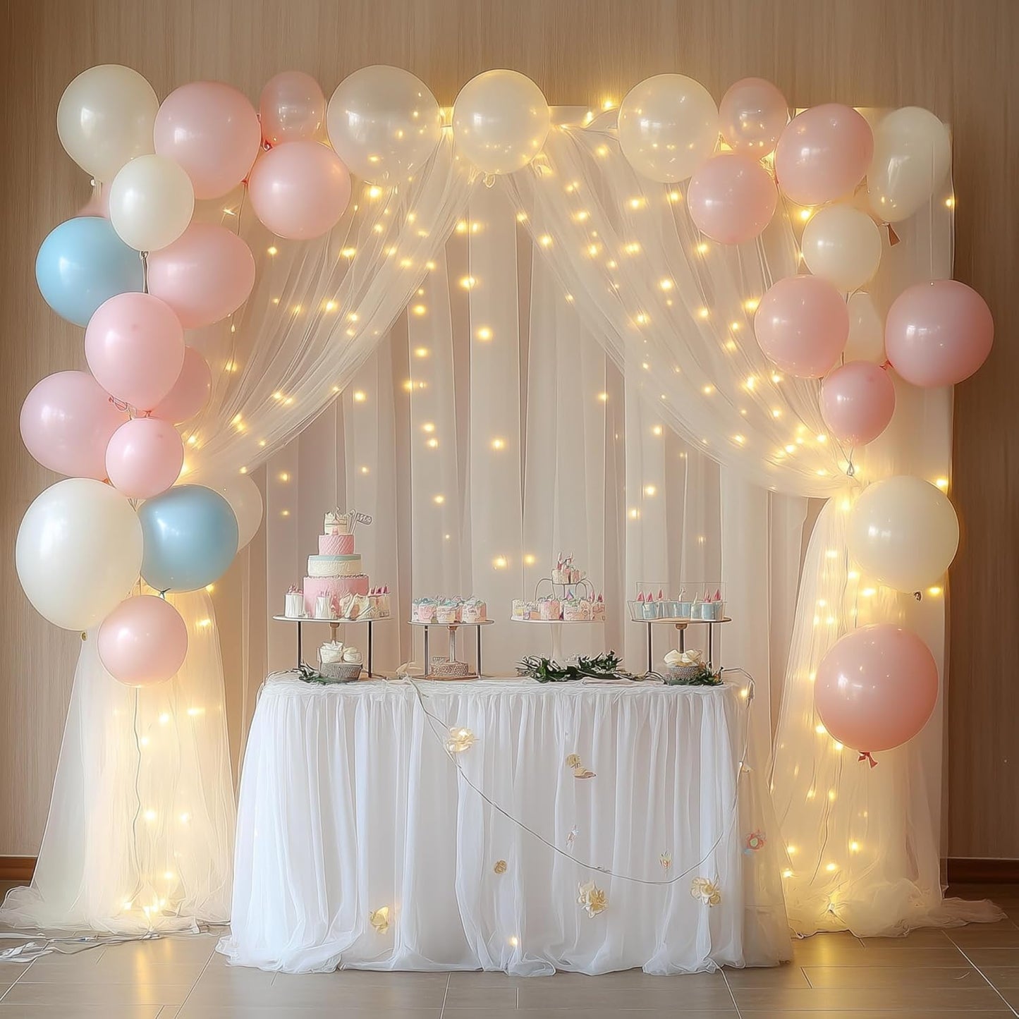 Tulle Backdrop Curtain with Lights String 30 X 8FT Ivory Sheer Tulle Backdrop Curtains for Wedding Birthday Party Reception Photo Booth Background Decorations (6 Panels 5x8FT)