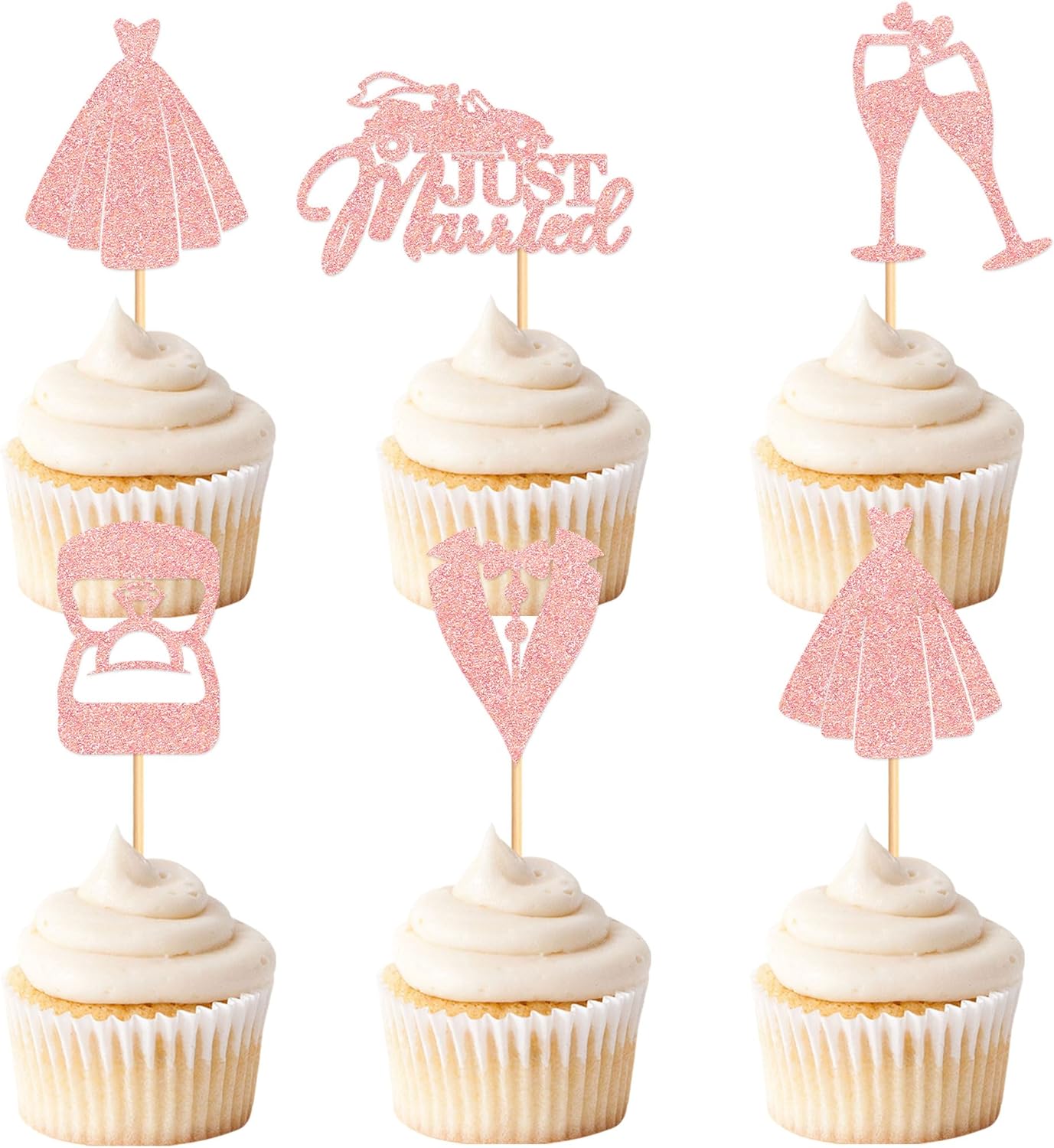 25 Pcs Bride and Groom Cupcake Toppers Wedding Dress Diamond Ring Cupcake Picks Bridal Shower Wedding Engagement Anniversary Party Cake Decorations Supplies Rose Gold