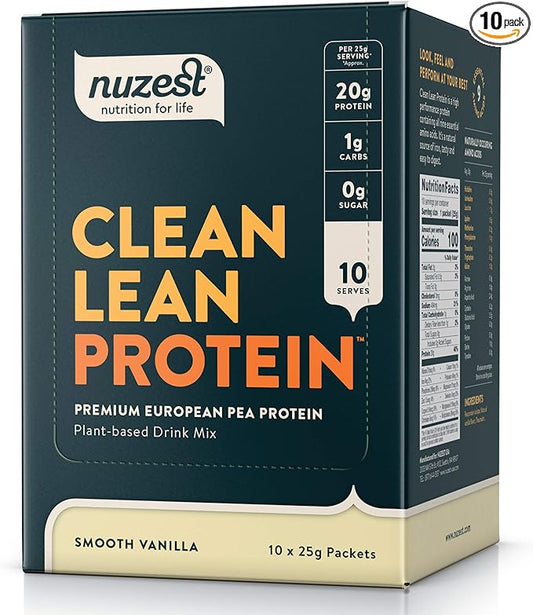Nuzest - Pea Protein Powder - Clean Lean Protein, Premium Vegan Plant Based Protein Powder, Dairy Free, Gluten Free, GMO Free, Protein Shake, Smooth Vanilla, 0.9 oz, (Pack of 10)