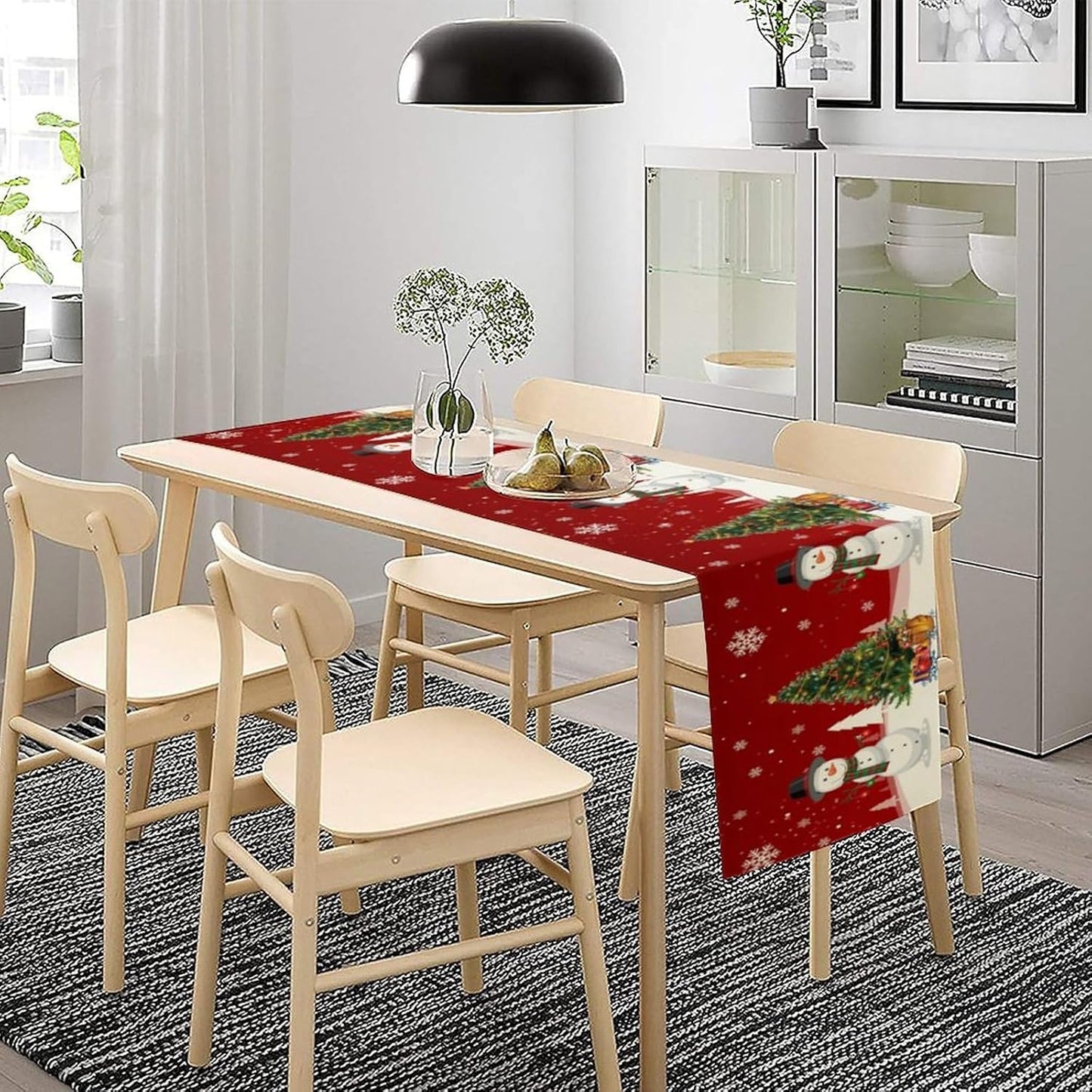 Christmas Table Runner,Snowman Rustic Red Snowflake Winter Table Cloth Kitchen Dining Table Decoration for Home Party Decor 13x60 Inch