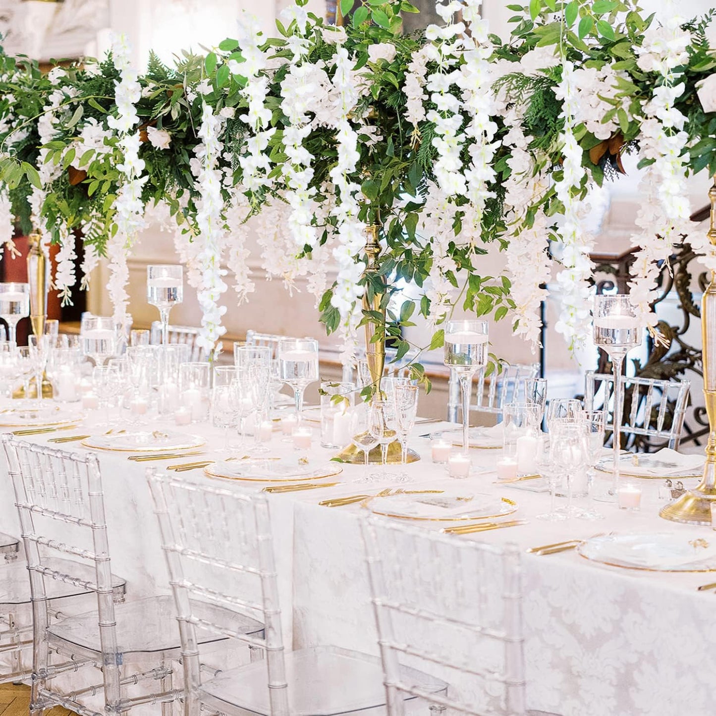 24 Pack Artificial Fake Wisteria Vine Ratta (3.75 Feet) Hanging Garland Silk Flowers String Home Party Wedding Decor (White)