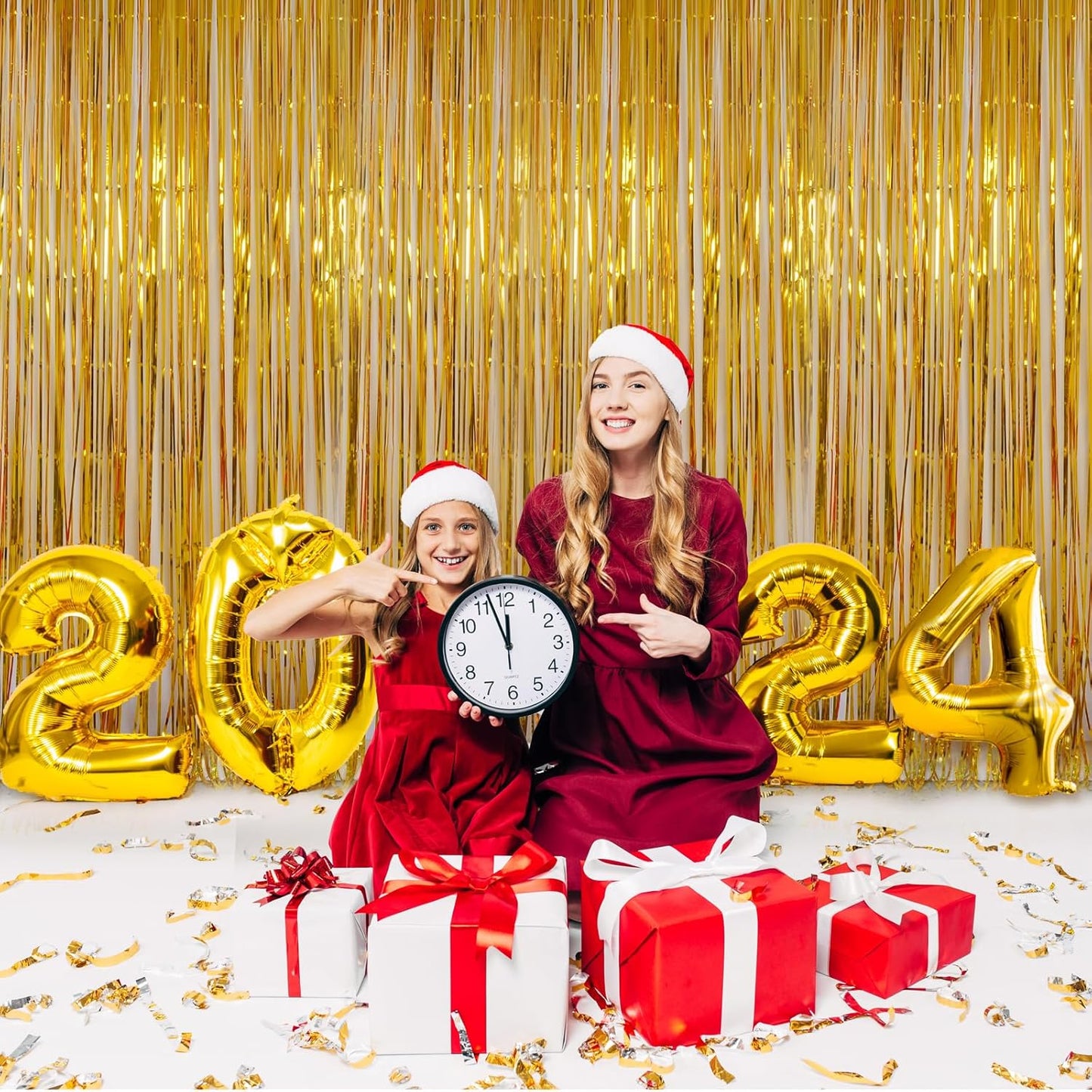 Gold Tinsel Backdrop Party Decorations, Melsan 3.2 x 8 ft Foil Fringe Curtains for Birthday, Anniversary, Graduation, New Year Eve, Pack of 2