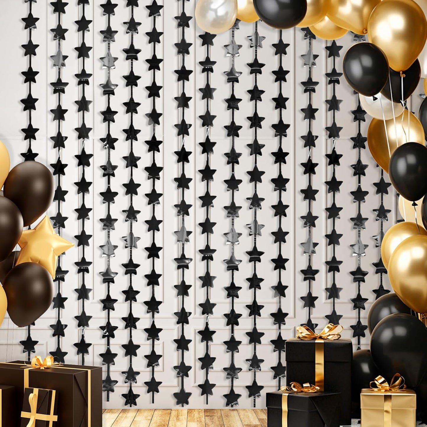LOLStar Black Stars Happy to my 20s Birthday Decorations for Men Boy 2Pack 3.3X6.6ft Each Black Backdrop Star Foil Fringe Curtains for Graduation Decorations Class of 2025 New Years Eve Party Supplies