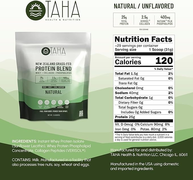 Taha Health & Nutrition Mind + Body Protein Blend – Natural, Unflavored | 25g Protein from Whey & Collagen + 400mg Milk Phospholipids | Grass-Fed, Free-Range New Zealand Dairy | 2LB