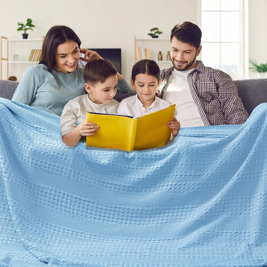 PHF 100% Cotton Waffle Blanket Oversized King 120"x120", Lightweight Breathable Extra Large 10'x10' Blankets for Bed, Giant Big Luxury Aesthetic Woven Bedding for Home Decor, Sky Blue