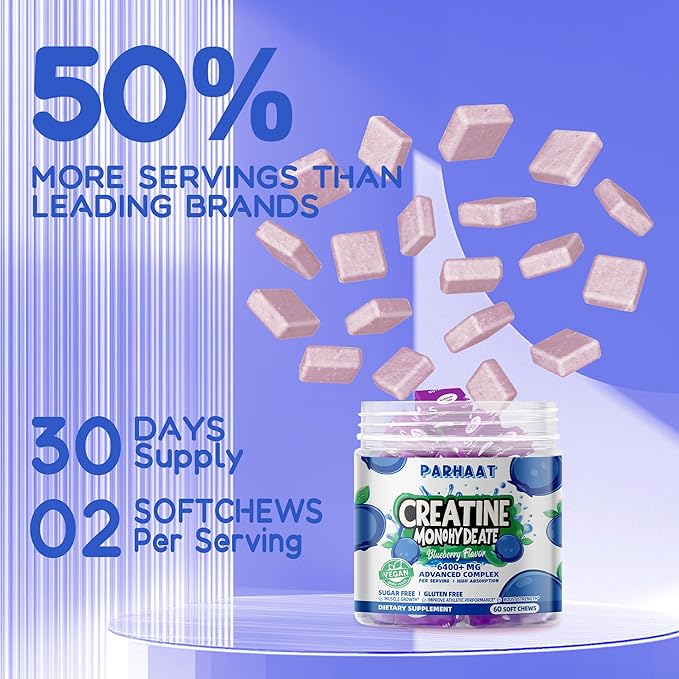 Creatine Monohydrate Chews Complex 6400mg for Men & Women -Advanced Formula W/L-Taurine + Vitamin B12, Sugar Free Chewable Supplement,60 Blueberry Softchews