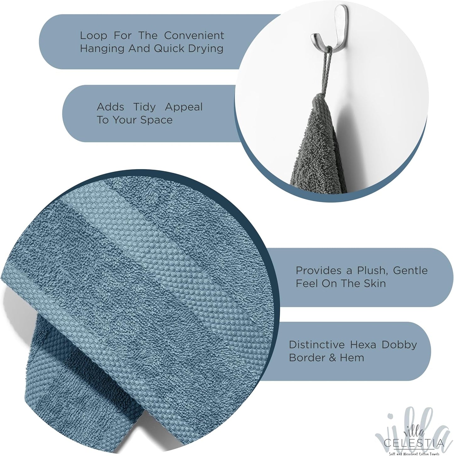 100% Cotton Hand Towel Set of 2, (16 x 28 inches) Sustainable, Soft, Highly Absorbent, Quick Drying, Combed Cotton Hand Towels Pack of 2 Ideal for Hotels, Spa, Bathroom, Dorm, Blue