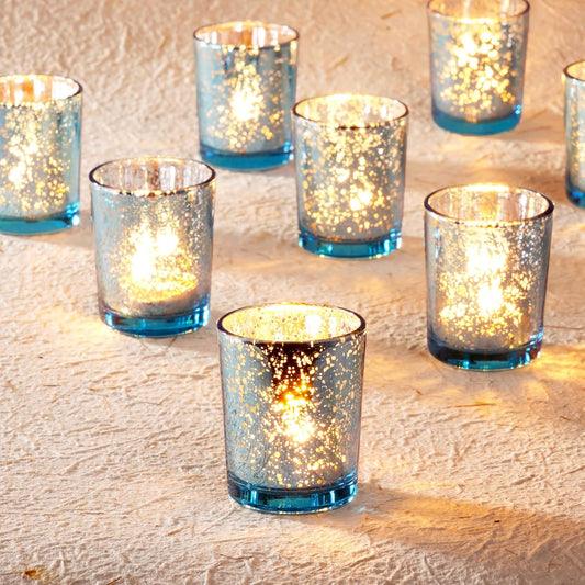 Homemory 12 Pcs Blue Votive Candle Holders, Mercury Glass Candle Holder, Tealight Candle Holders for Table Centerpieces, Baby Shower, Party, Anniversary, Wedding, Home Decor, Halloween, Christmas