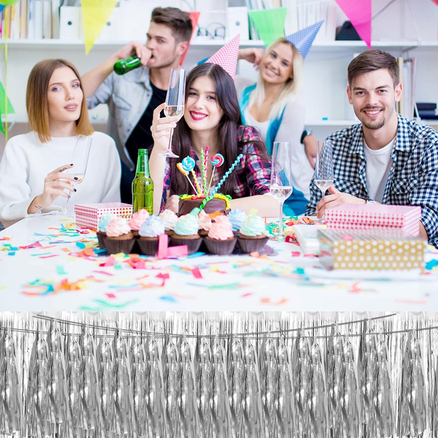 6P Silver Foil Fringe Metallic Tassel Streamers Banner Tassel Garland for Parade Floats, Bachelorette, Wedding, Birthday, Graduation, Christmas, Bridal/Baby Shower Party Decorations