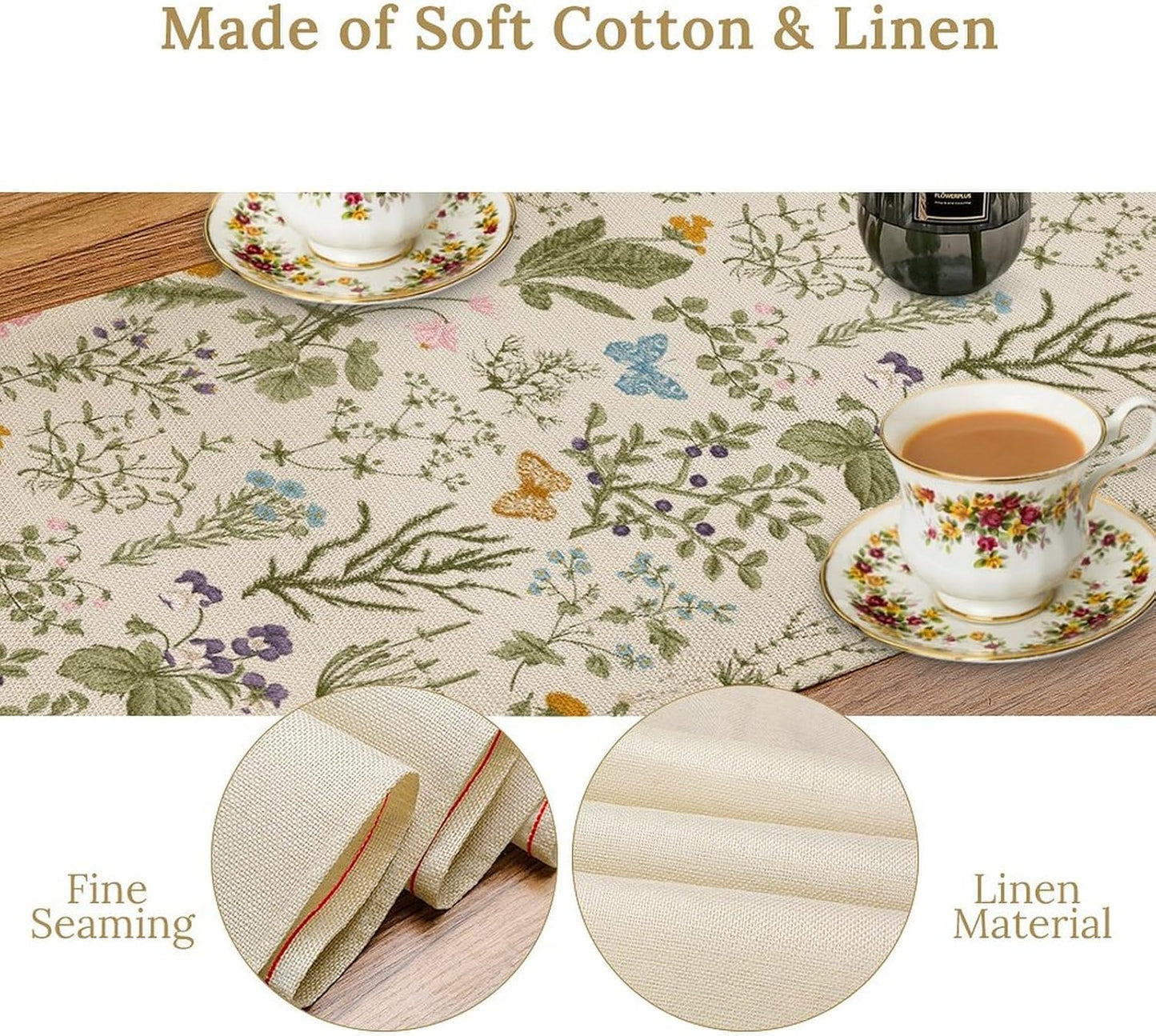 Wildflowers Floral Table Runner, Retro Flower Butterfly Seasonal Spring Summer Kitchen Dinning Table Runner for Indoor Outdoor Home Wedding Party Holiday, 13x60 Inch